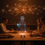 Asistente AI avanzado interactuando en tiempo real en un ambiente startup, destacando inteligencia artificial, APIs y automatización en salud.