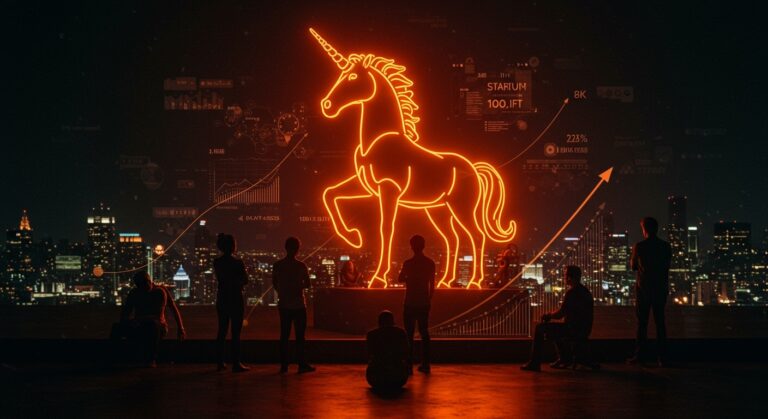 Estatua luminosa de unicornio gigante simbolizando hectocornios y startups con valuaciones superiores a 100 mil millones USD en tecnología e inteligencia artificial.