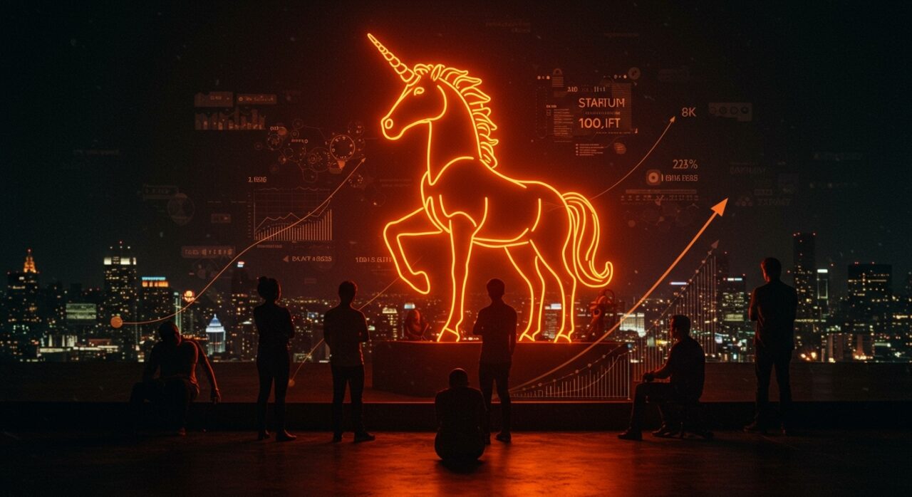 Estatua luminosa de unicornio gigante simbolizando hectocornios y startups con valuaciones superiores a 100 mil millones USD en tecnología e inteligencia artificial.
