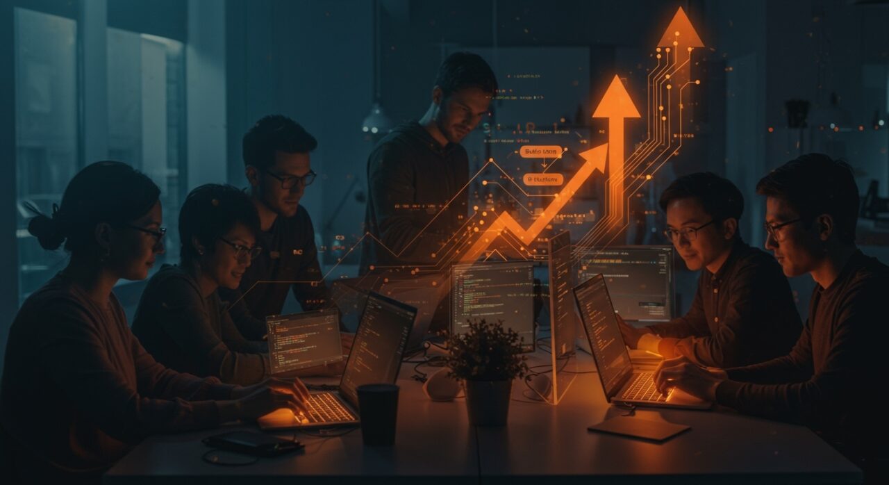 Equipo de desarrollo de software utilizando Git, Make, línea de comandos y testing para potenciar la productividad en una startup tecnológica.