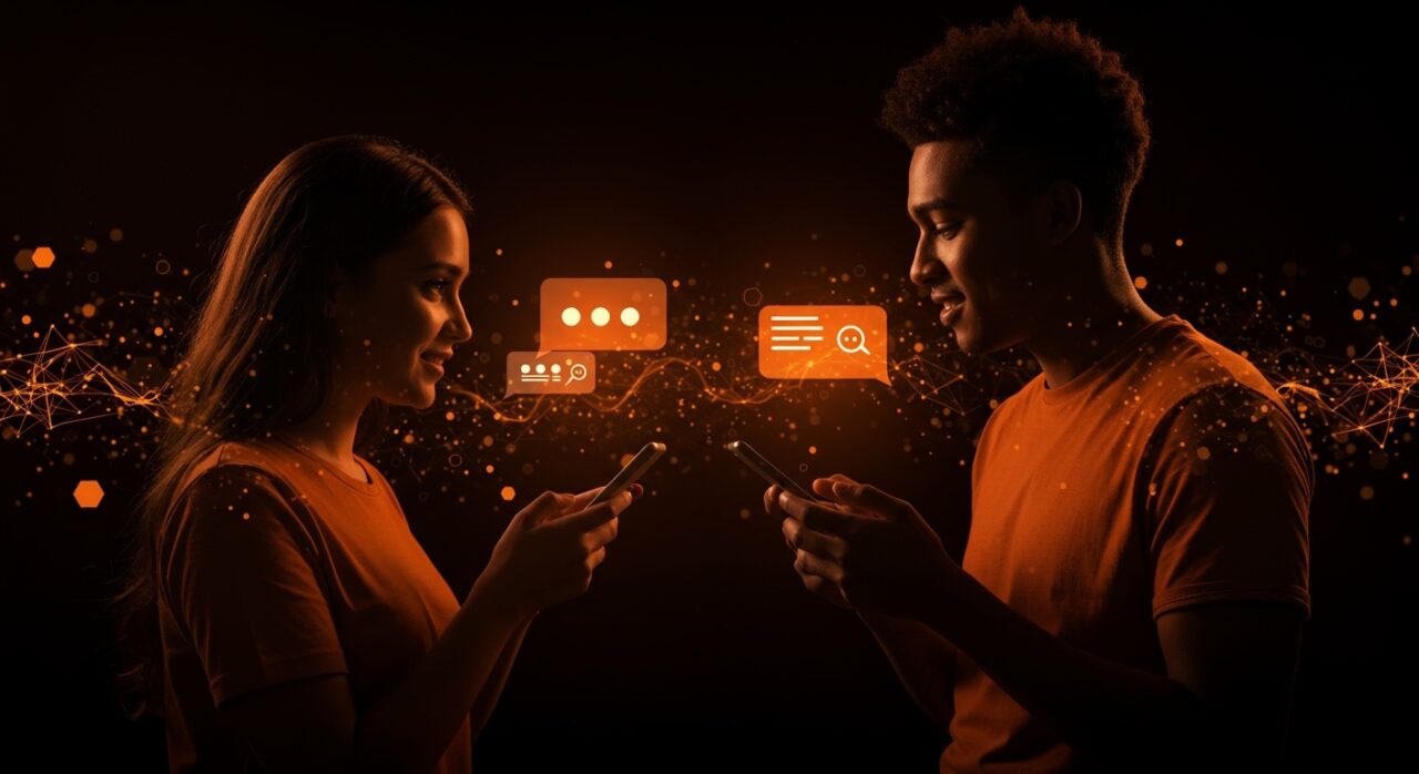 IA aplicada en Hinge para conversaciones personalizadas y auténticas en apps de citas, ilustración con usuarios y redes neuronales abstractas.