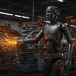 Robot humanoide HMND 01 Alpha en fábrica automatizada, representando innovación en automatización industrial y IA aplicada en la industria automotriz.