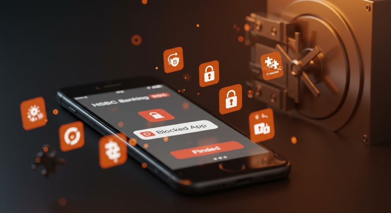 Bloqueo de app bancaria HSBC en móvil por Bitwarden desde F-Droid, ilustrando retos de seguridad móvil y privacidad en fintech Latinoamérica.