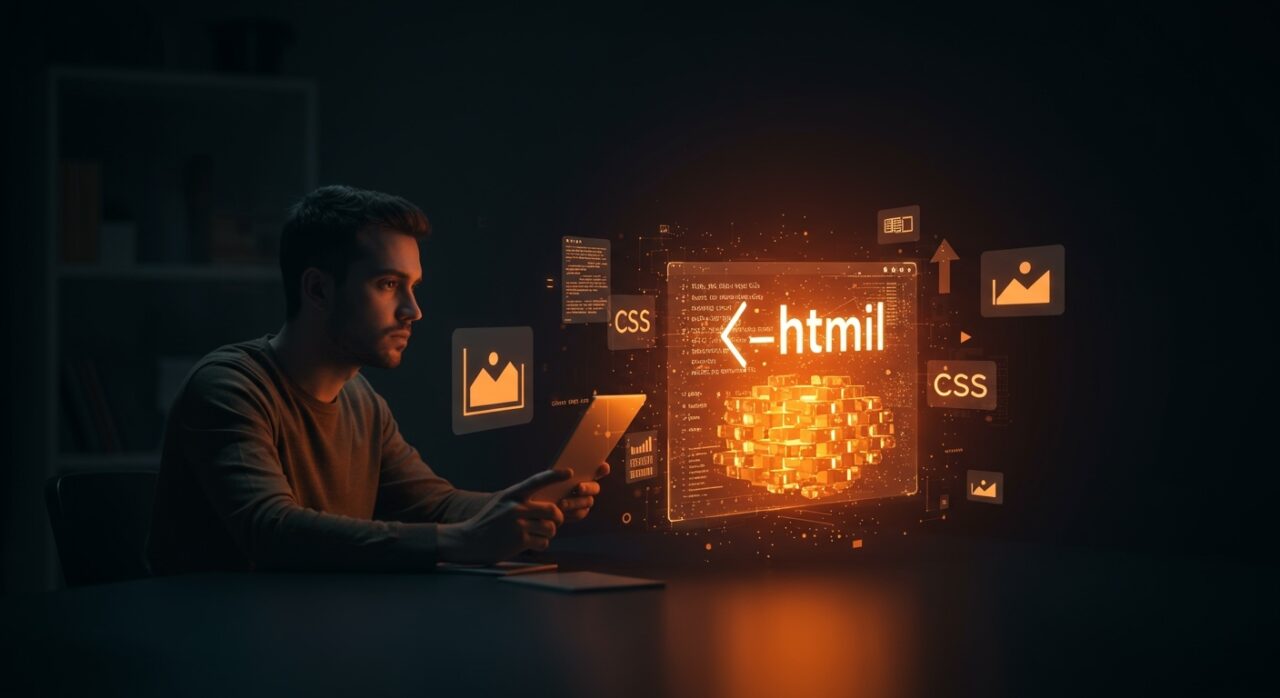 Founder optimizing large HTML code with embedded images and inline CSS, highlighting web performance and optimization techniques for SaaS growth.
