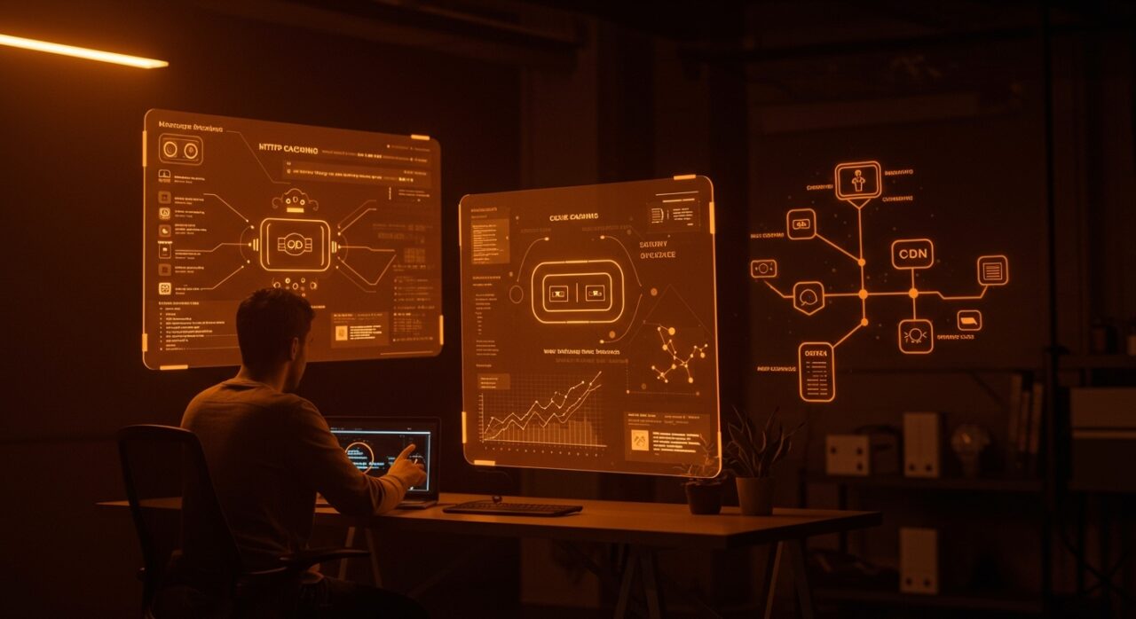 Escena futurista con desarrollador manejando paneles digitales que visualizan HTTP caching y mejora del rendimiento web en startups.