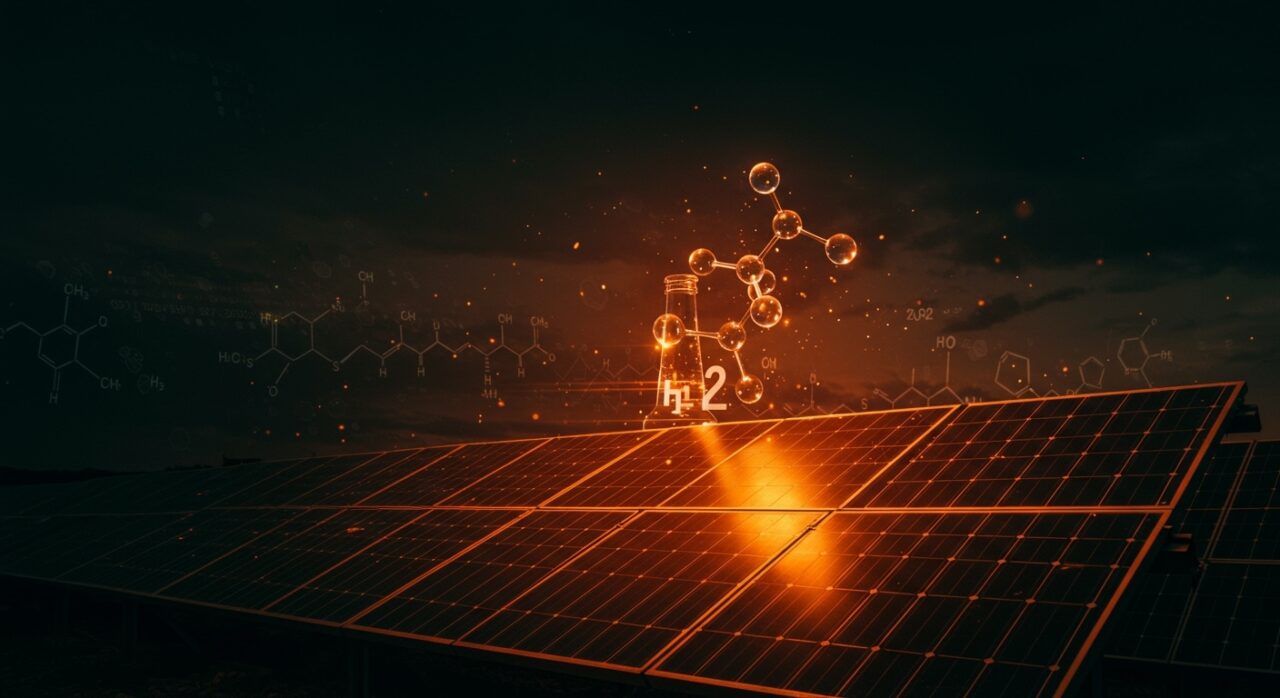 Producción de hidrógeno limpio con energía solar, símbolo de innovación verde y tecnología renovable para la industria química.
