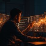 Fundador de startup frente a pantallas digitales con código de IA, simbolizando desafíos y seguridad en la producción de agentes de código para entornos empresariales.