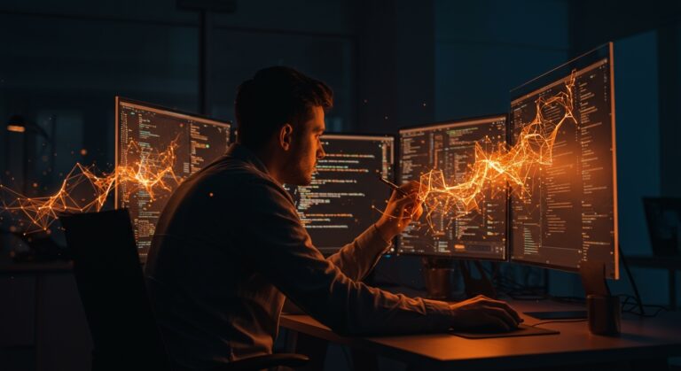 Fundador de startup frente a pantallas digitales con código de IA, simbolizando desafíos y seguridad en la producción de agentes de código para entornos empresariales.