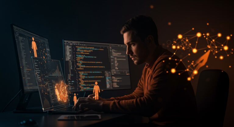 Desarrollador revisando código limpio asistido por agentes de IA, simbolizando la automatización y mejores prácticas en desarrollo ágil.