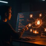 Detección automatizada de bugs con IA mejorando la calidad de código en startups tecnológicas con una interfaz digital futurista.