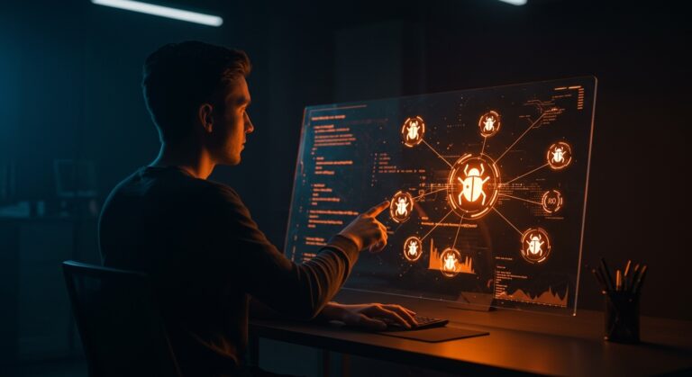 Detección automatizada de bugs con IA mejorando la calidad de código en startups tecnológicas con una interfaz digital futurista.