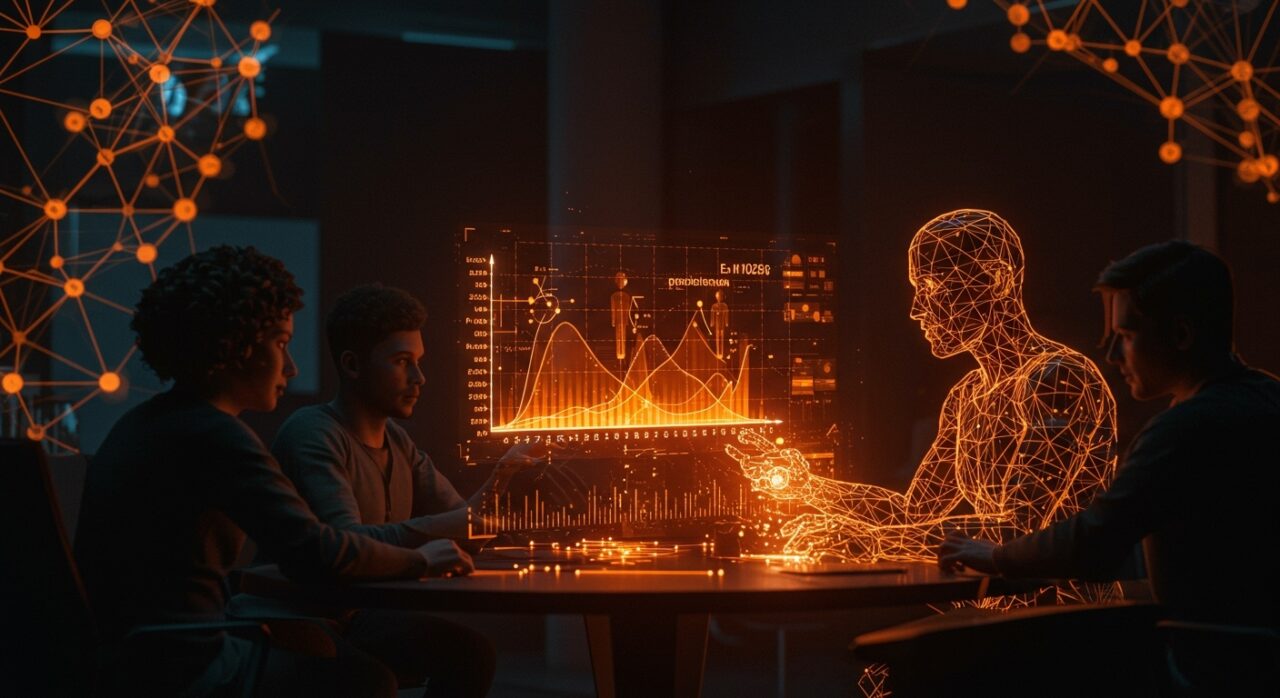 Colaboración entre humanos e IA resolviendo el Problema de Erdős #1026 en investigación matemática avanzada, en un entorno futurista.