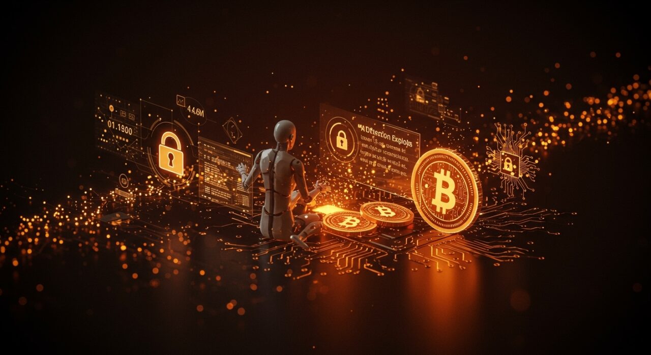 Inteligencia artificial detectando exploits valorados en 4.6 millones de dólares en contratos inteligentes blockchain, resaltando seguridad y análisis en tecnología Web3.