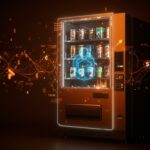 Máquina expendedora con interfaz AI mostrando pérdidas financieras y elementos visuales de automatización y experimentación tecnológica para startups.