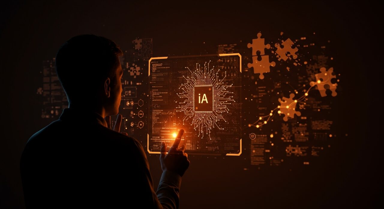 Desarrollador contemplando código generado por IA y redes neuronales abstractas, destacando retos de ética y aprendizaje en programación.