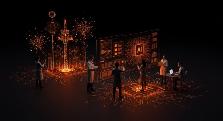 Investigadores usando inteligencia artificial en revisión científica con elementos visuales de IA y ética, destacado en ecosistema startup.