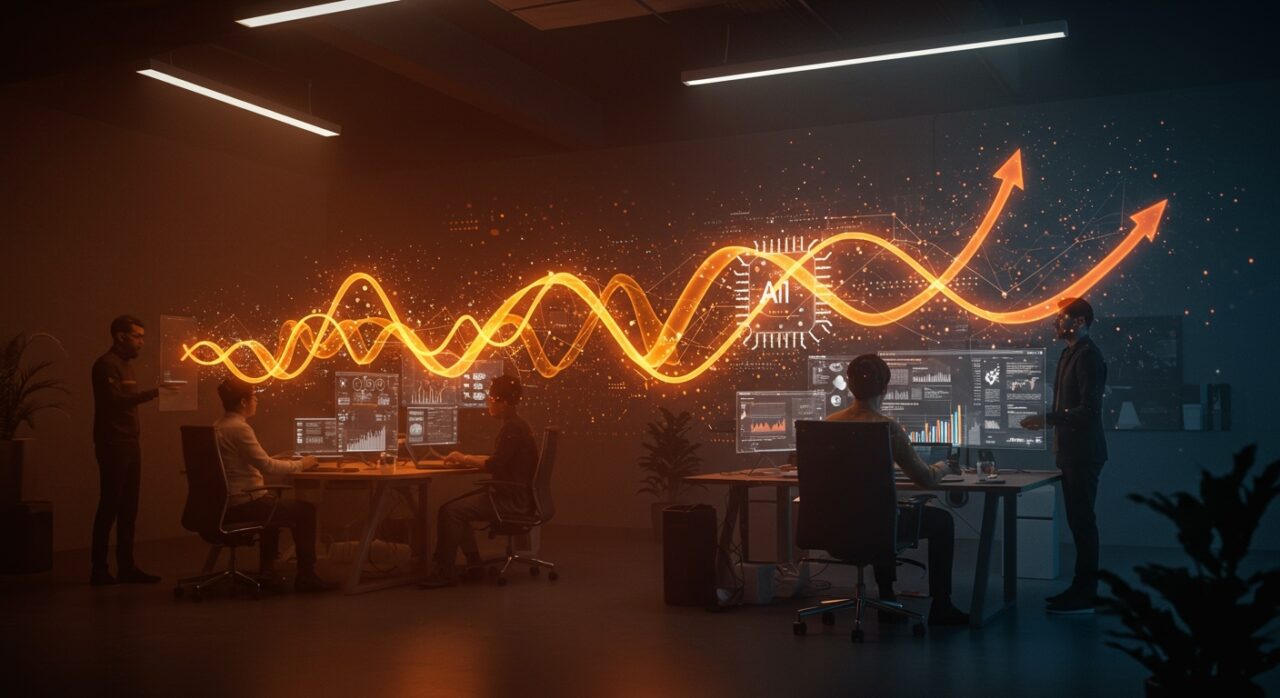 Colaboración de founders tecnológicos en entorno futurista mostrando tendencias de IA y mercado laboral para 2026.