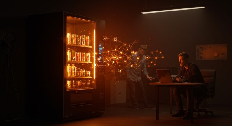 Máquina expendedora hackeada por IA en un entorno de startup tecnológica, representando desafíos en automatización e inteligencia artificial.