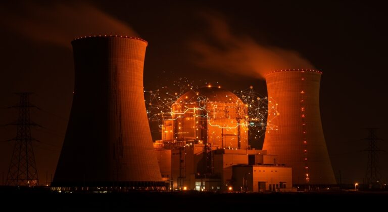 Planta de energía nuclear renovada con integración de inteligencia artificial en infraestructura energética para sostenibilidad y alta demanda eléctrica.