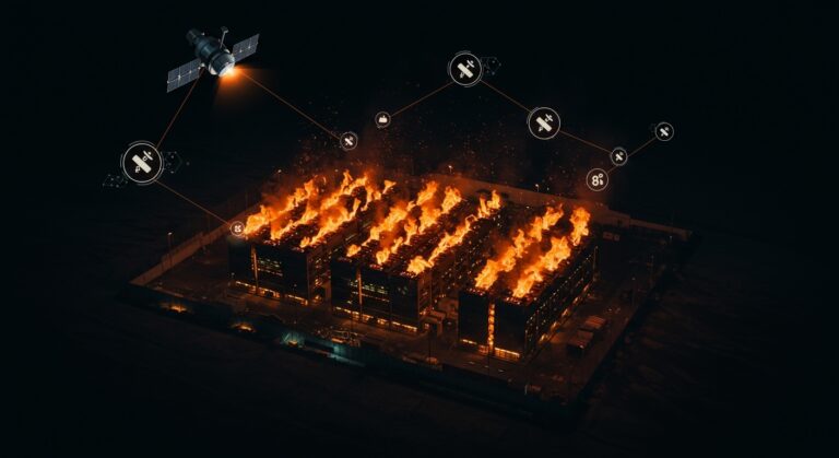 Centro de minería de criptomonedas con fugas de calor detectadas por satélites, ilustrando el impacto ambiental y la tecnología satelital en sostenibilidad.