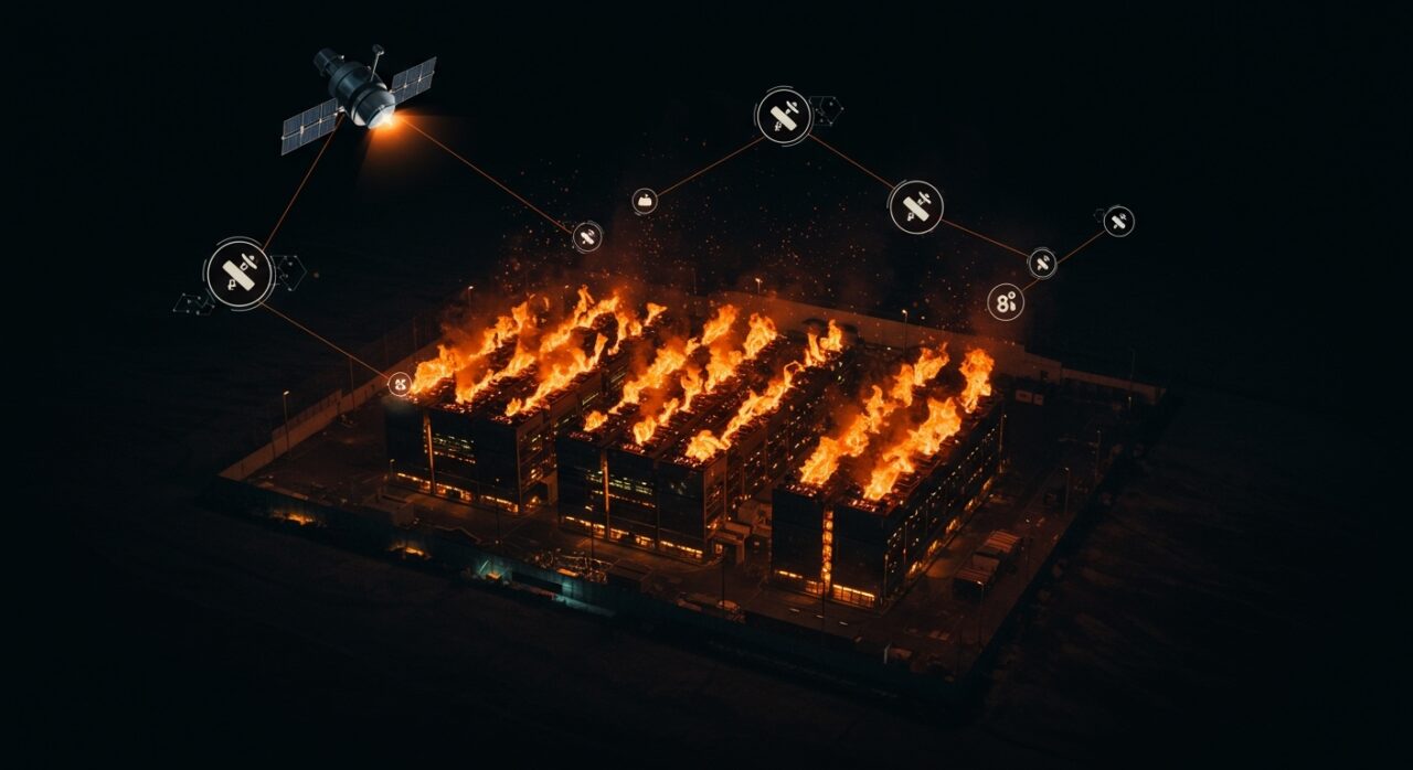 Centro de minería de criptomonedas con fugas de calor detectadas por satélites, ilustrando el impacto ambiental y la tecnología satelital en sostenibilidad.