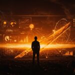 Innovación tecnológica y cambio climático representados por un científico frente a datos climáticos, destacando el impacto del cierre del NCAR en LATAM startups.