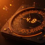 Reloj atómico con circuitos digitales resaltados en naranja y negro mostrando impacto del time drift en infraestructura crítica y startups en EE.UU.