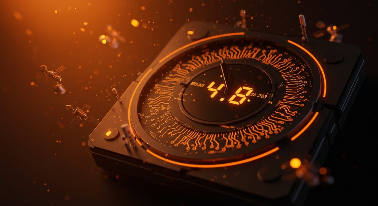 Reloj atómico con circuitos digitales resaltados en naranja y negro mostrando impacto del time drift en infraestructura crítica y startups en EE.UU.