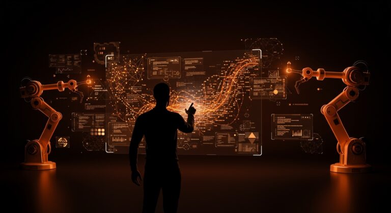 Impacto de la inteligencia artificial en la productividad del software mostrando un ingeniero interactuando con hologramas de código y redes neuronales abstractas en tonos naranja y negro.