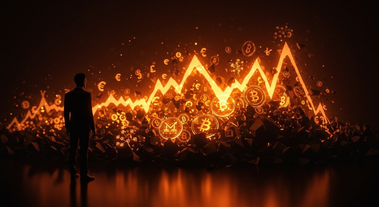 Impacto del mercado cripto en las empresas vinculadas a Trump con símbolos digitales de criptomonedas y startups en un escenario volátil.