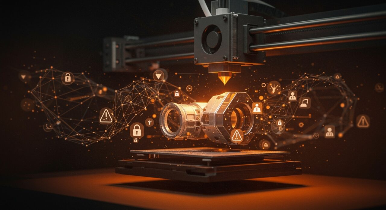 Impresión 3D de componentes aeroespaciales con elementos visuales que representan riesgos, normas y tecnología innovadora en la industria aeroespacial.