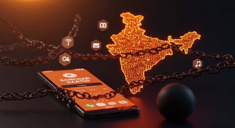 Smartphone siendo verificado con la aplicación Sanchar Saathi en India, ilustrando impacto en privacidad y tecnología.