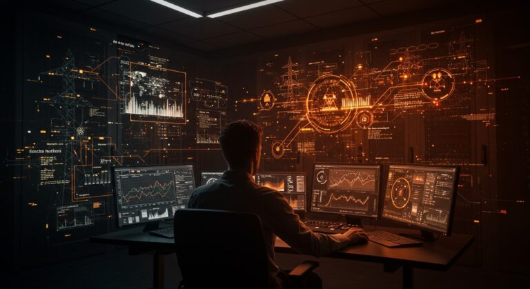 Infraestructura eléctrica y software optimizando la capacidad y confiabilidad para startups tecnológicas en un entorno digital futurista.