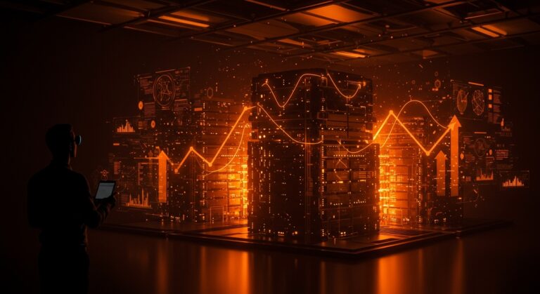 CEO de IBM frente a data centers futuristas iluminados en naranja y negro, simbolizando inversiones en infraestructura para IA.