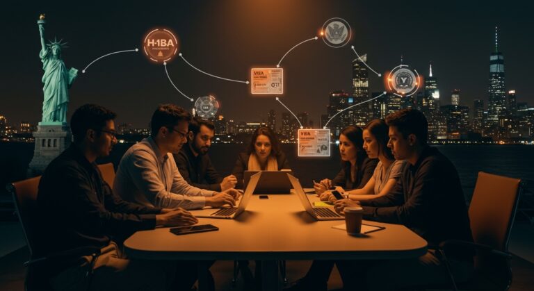 Fundadores de startups tecnológicos colaborando con símbolos de visas y comunidades migratorias, destacando estrategias legales para emprender en EE. UU.