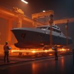 Plataforma eléctrica innovadora en izado de buques mostrando ingeniería española sostenible en el sector naval y tecnología startup.
