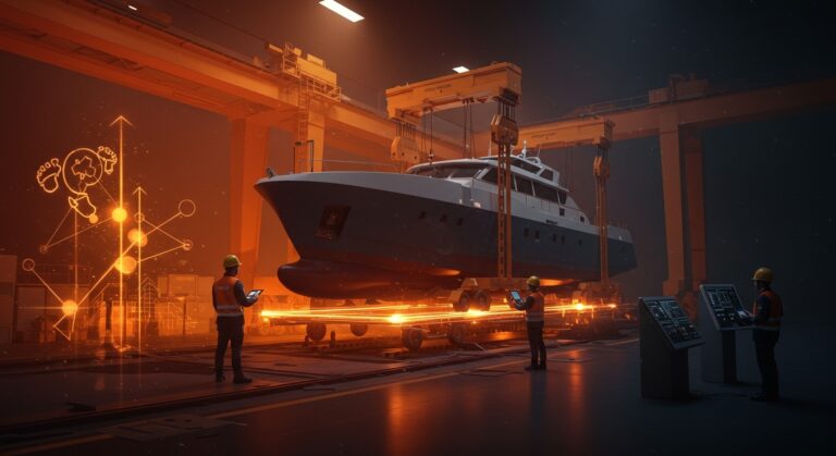 Plataforma eléctrica innovadora en izado de buques mostrando ingeniería española sostenible en el sector naval y tecnología startup.
