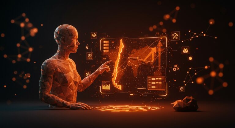 Innovación tecnológica en la minería chilena representada por un holograma digital con símbolos de startups y desafíos sectoriales.