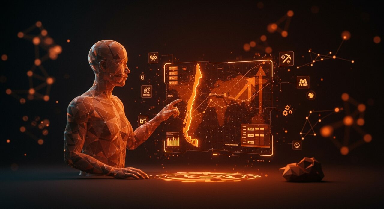 Innovación tecnológica en la minería chilena representada por un holograma digital con símbolos de startups y desafíos sectoriales.