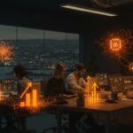 Emprendedores colaborando en Valparaíso con interfaces digitales que representan la innovación tecnológica y el apoyo a pymes mediante inteligencia artificial e inversión conjunta.