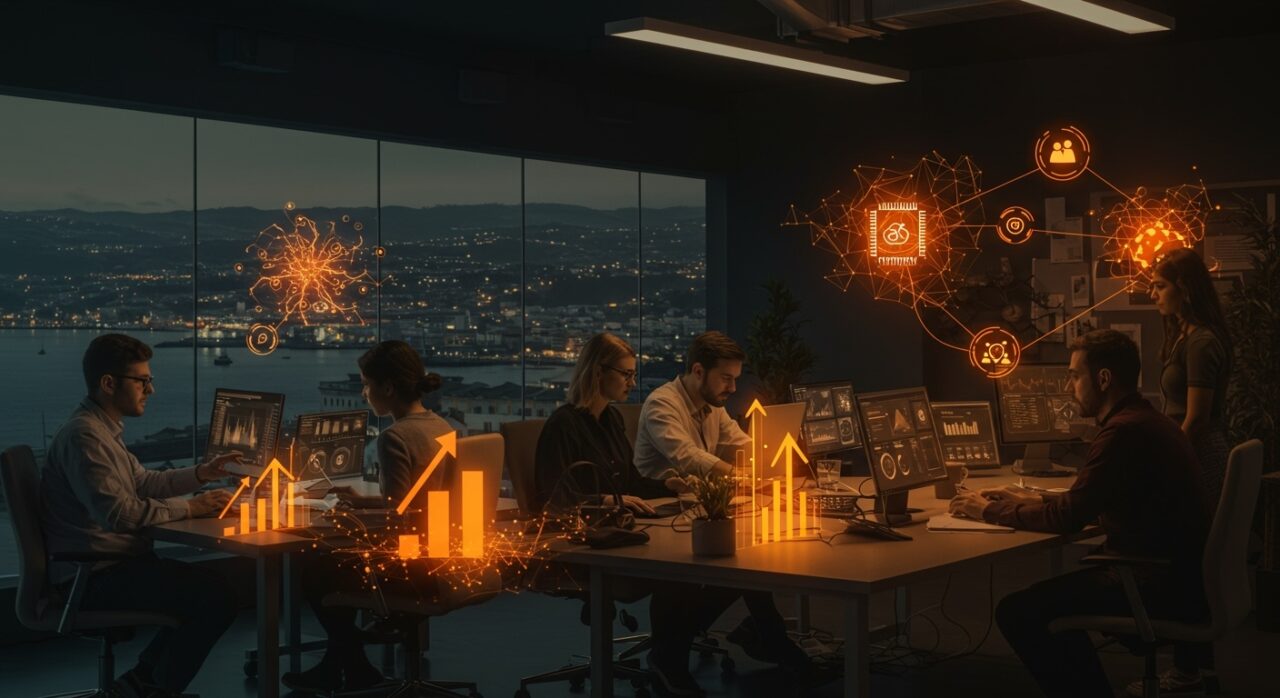 Emprendedores colaborando en Valparaíso con interfaces digitales que representan la innovación tecnológica y el apoyo a pymes mediante inteligencia artificial e inversión conjunta.