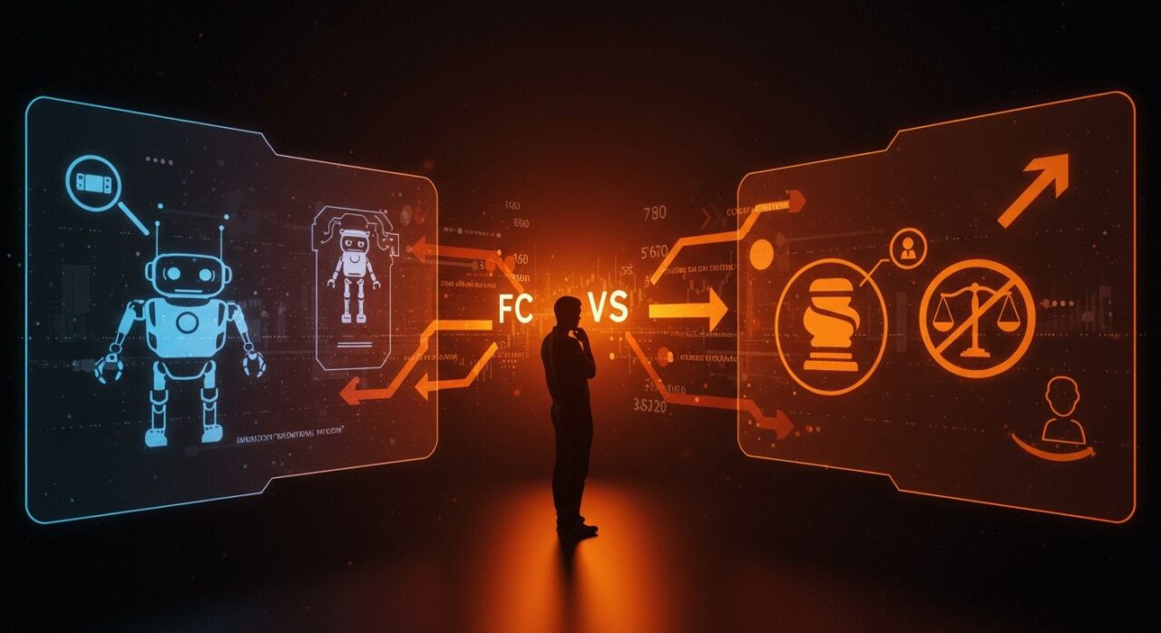 Innovación y regulación tecnológica representadas por un emprendedor entre hologramas de robots y símbolos legales, ilustrando el caso iRobot, FTC y Amazon para startups.