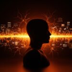 Inteligencia artificial analizando experiencias cercanas a la muerte con tecnologías inmersivas y narrativas automatizadas en un entorno digital futurista.