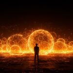 Silueta de fundador contemplando redes neuronales de inteligencia artificial representando riesgos y oportunidades en burbujas financieras del ecosistema startup.