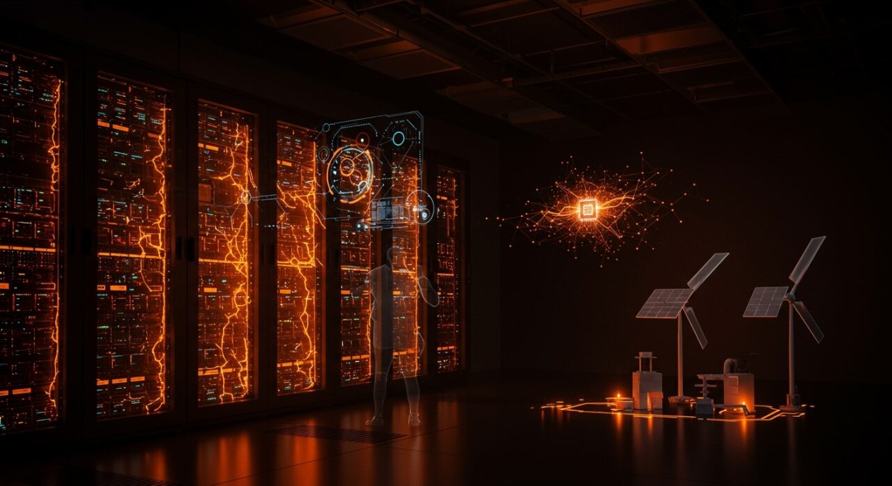 Datacenters innovando en infraestructura energética para inteligencia artificial con tecnologías BYOG y generación onsite representadas de forma abstracta.