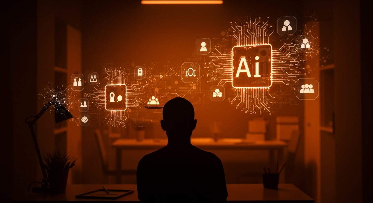 Silueta de fundador reflexionando sobre la ética y la justicia social en inteligencia artificial en el ecosistema startup.