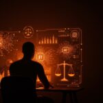 Silhouette contemplativa ante interfaz digital que representa inteligencia artificial, gobernanza y democracia digital en tecnología para startups latinas.