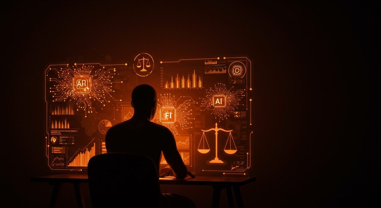 Silhouette contemplativa ante interfaz digital que representa inteligencia artificial, gobernanza y democracia digital en tecnología para startups latinas.