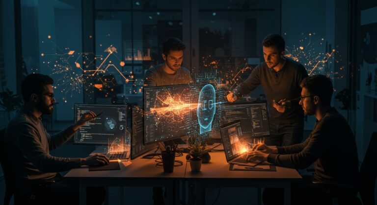 Equipo de ingenieros colaborando con inteligencia artificial y Claude Code en Anthropic, transformando la productividad y roles en startups tecnológicas.