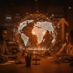 Fundadores de startups latinas trabajando en red global, simbolizando la internacionalización, innovación y calidad artesanal en el emprendimiento tecnológico.